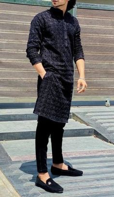 Kurta Pajama Men Black Colour, Full Black Kurta Pajama Men, Kurta Colour For Men, Sequence Kurta For Men, Black Pathani For Men, Black Kurta Men, Kurta Designs Men's, India Fashion Men, Boys Kurta Design