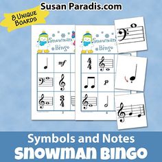 the snowman song book is shown with music notes and symbols on it, as well as