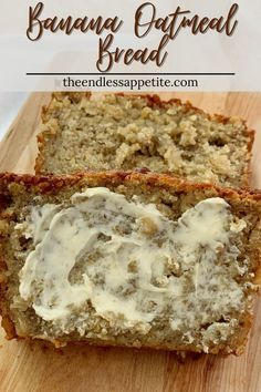 two slices of banana oatmeal bread on a cutting board with white icing