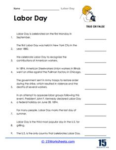 Labor Day Worksheet Labor Day Worksheets For Kids, False Labor, Holiday Worksheets, Steel Worker, School Age Activities, 2nd Grade Worksheets, School Age, Activity Sheets