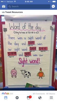 a white board with writing on it that says word of the day and sight words