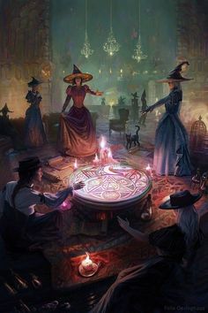 a group of people sitting around a table with candles on it and witches in the background