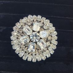 Glamorous Formal Brooches With Rhinestones, Glamorous Formal Brooches With Bling, Glamorous Crystal Brooches For Formal Occasions, Party Costume Jewelry Brooches, Party Crystal Brooches Costume Jewelry, Round Crystal Brooch For Party, Round Rhinestone Brooches For Formal Occasions, Glamorous Rhinestones Brooches For Party, Crystal Round Brooch For Party