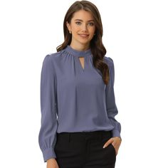 This beautiful blouse with cuffed sleeves and a keyhole design is sure to catch people's attention. The elegant and sophisticated design of the blouse will make you stand out in any setting. The blouse can be paired with suit pants or a pencil skirt, and when paired with heels, it creates a stunning look. The front neckline of the blouse is accentuated with a hollowed-out triangle, adding uniqueness and elegance to the classic design. This blouse is perfect for the cooler season and will be an i Spring Gray Blouse For Office, Elegant Gray Tops For Business Casual, Gray Blouse For Office In Spring, Spring Gray Office Blouse, Elegant Gray Blouse For Workwear, Elegant Gray Tops For Workwear, Elegant Gray Tops For Work, Elegant Gray Workwear Tops, Keyhole Shirt