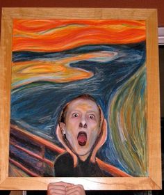 a painting of a man with his mouth open in front of a screamy background