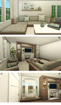 three different views of a living room with couches, tables and televisions in it