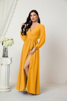 Long Sleeve Bridesmaid Dress For Prom Season Banquet, Elegant Long Sleeve Chiffon Bridesmaid Dress, Elegant Chiffon Long Sleeve Bridesmaid Dress, Long Sleeve Chiffon Dress For Wedding, Chiffon Long Sleeve Maxi Dress For Banquets, Long Sleeve Bridesmaid Dress For Prom Season, Prom Long Sleeve Maxi Dress With Sweep Train, Long Sleeve Evening Dress With Sweep Train For Bridesmaid, Long Sleeve Maxi Dress With Sweep Train For Prom