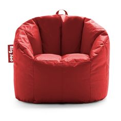 a large red bean bag chair with a tag on the front and bottom part of it