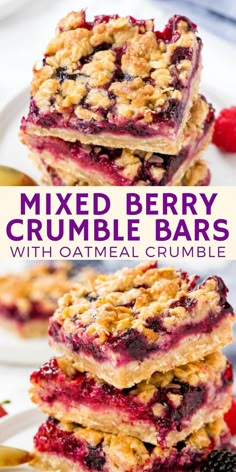 mixed berry crumble bars with oatmeal crumbs are stacked on top of each other