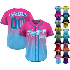 Gradient Custom Baseball Jersey is a stylish and functional piece that ensuring a comfortable fit for groups, individuals, couples, teams, or anyone who loves Baseball fashionable and sporty vibe. From casual outings to intense gameplay, this baseball jersey always guarantees both style and performance. If you have any other design ideas, or any changes to the jersey details, simply share an image and we will create a visual representation for you to confirm. ⚾FEATURES - Personalized with your c Cheap Team-colored Baseball Jersey For Fans, Cheap Baseball Jersey With Name Print For Fans, Customizable Blue Varsity Top, Blue Customizable Varsity Tops, Blue Baseball Jersey With Letter Print For Team Spirit, Blue Baseball Jersey With Letter Print For Team Events, Blue Baseball Jersey For Team Events, Blue Jersey With Baseball Collar For Sports, Customizable Blue Collegiate Tops