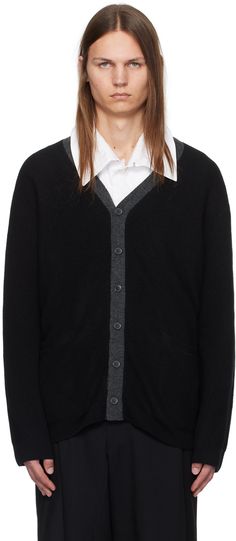 10-gauge knit wool cardigan. · Y-neck · Button closure · Patch pockets · Rib knit hem and cuffs Supplier color: Black Black Winter Sweater With Button Cuffs, Black Sweater With Button Cuffs For Winter, Black Wool Cardigan With Button Cuffs, Knitwear Men, Wool Cardigan, Knitwear Cardigan, Patch Pocket, Black Color, Apparel Accessories