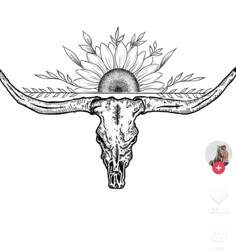 a cow skull with sunflowers on it's head and an arrow in the middle