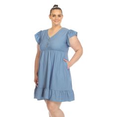 Your new favorite dress this season is here. This chambray dress features a flattering and comfortable babydoll fit on a relaxing cut. The flutter sleeves and the V-neck add a very feminine touch that is easy to dress up or down. It also features a button front, elastic waistline and ruffled hem. -Care Instructions: Machine Wash Cold -Material: 70% Cotton, 26% Rayon, 4% Spandex Product Specifications: -Short Sleeve Empire Waist Dress, Empire Dress, Chambray Dress, Flowing Skirt, White Mark, Formal Looks, Plus Dresses, Flutter Sleeves, Favorite Dress