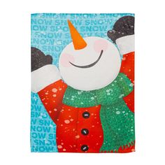 a painting of a snowman wearing a red sweater and green scarf with his hands in the air