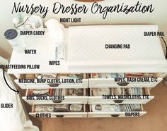 an organized nursery dresser with drawers and labels on the bottom, labeled to help you organize your baby's diaper