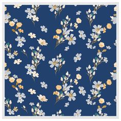 a blue floral wallpaper with white and yellow flowers on the bottom half of it