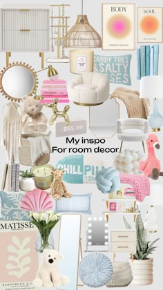 a collage of different items and colors in the same room, with text that reads my inspo for room decor