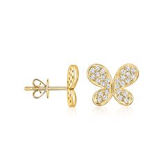 Ross-Simons - .20 ct. t. w. Diamond Butterfly Earrings in 14kt Yellow Gold. Sparkling with .20 ct. t. w. round diamonds, these beautiful butterfly earrings capture the perfect touch of whimsy within their sleek and feminine design. Finely crafted in polished 14kt yellow gold. Post/clutch, diamond butterfly earrings. Diamond birthstones are the perfect gift for April birthdays. April Birthday, Fine Jewelery, Diamond Birthstone, Feminine Design, Flower Earrings Studs, Butterfly Earrings, Beautiful Butterflies, Flower Earrings, Round Diamonds