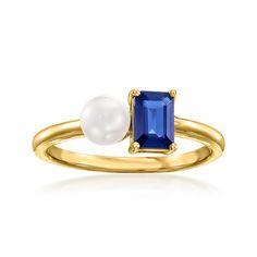 Ross-Simons - 5mm Cultured Pearl, .50ct Sapphire Toi et Moi Ring in 14kt Yellow Gold. Size 7. French for "you and me," Toi et Moi rings are a unique way to celebrate a special relationship in your life. Wear our on-trend, two-stone designs as a sentimental symbol of romance, friendship, family - or simply treat yourself to double the sparkle! This elegant take on the trend features a 5mm cultured pearl glowing beside an expressive .50 carat emerald-cut sapphire. Crafted in polished 14kt yellow g Pearl And Sapphire Ring, Sapphire And Pearl Ring, White Pearl Ring, Pearl Birthstone, Jewelry Essentials, Sapphire Stone, Stone Design, The Trend, Pearl Ring