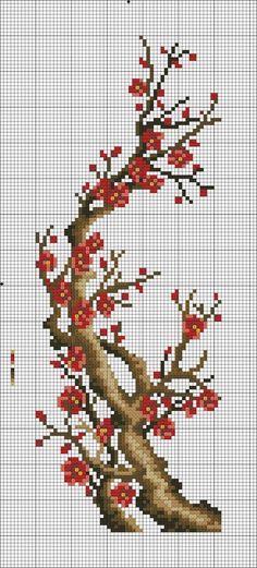 two cross - stitch pictures with red flowers on them, one in the shape of a tree