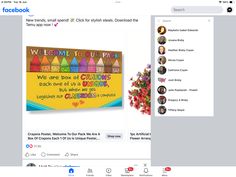 two screenshots of the facebook page for children's crayons and welcome message