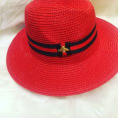 Description: Bee Decorated Green and Red Band Straw Fedora Hat56-58 cm  7cm Brim size Red Hats For Spring Vacation, Red Summer Panama Hat With Short Brim, Red Panama Hat For Summer, Red Summer Fedora Panama Hat, Red Panama Hat With Short Brim For Summer, Red Brimmed Panama Hat For Summer, Red Short Brim Panama Hat For Summer, Red Spring Vacation Hat, Red Casual Panama Hat For Summer