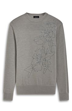 This soft crewneck is knit from extrafine merino wool and embroidered with tropical leaves for contemporary flair. 27" length (size Medium) Crewneck Long sleeves Water-repellent 100% merino wool Dry clean or hand wash, dry flat Made in Italy Tropical Leaves, Crewneck Sweater, Crew Neck Sweater, Cement, Repellent, Water Repellent, Merino Wool, Top Brands, In Italy