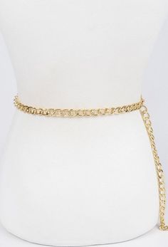 This cute gold-chain belt is perfect to accessorize your outfit. It has a clasp closure and can be adjusted to your liking. Chic Gold Metal Body Chain, Chic Gold-tone Chain Belt For Party, Elegant Metal Chain Belt With Chain Print, Elegant Chain Link Waist Chain With Belt Detail, Elegant Waist Chain With Chain Link Belt, Elegant Chain Link Waist Chain Belt, Trendy Gold Party Belt, Chic Metal Body Chain, Chic Gold Waist Chain