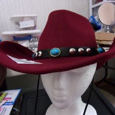 Nwt: Western Red Felt Cowgirl Hat, Will Fit Anyone Has A Sizer In Side, Has A Hat Band With Silver And Turquiose Stones Red Fitted Hat For Festival, Fitted Red Festival Hat, Western Style Mini Hat For Western-themed Events, Western Style Winter Rodeo Costume Hats And Headpieces, Western Winter Rodeo Costume Hats And Headpieces, Western Costume Hats And Headpieces For Rodeo, Red Wide Brim Felt Hat For Country Events, Adjustable Red Felt Cap, Red Country Style Hat