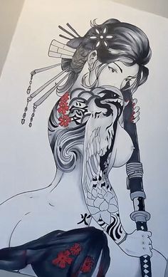 Women Samurai Tattoo, Woman Body Tattoo Design, Japanese Lady Tattoo, Asian Tattoos, Animated Wallpapers For Mobile, Tattoo Style Drawings, Japanese Tattoo Art, Tattoo Art Drawings, Comic Art Girls