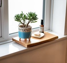 a potted plant sitting on top of a wooden tray next to a window sill