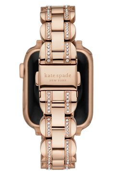 Accented with self-adjustable scalloped links and sparkling crystal, this polished bracelet strap is specially designed to work perfectly with your Apple Watch. Apple Watch not included Compatible with Series 1–9 Apple Watch Fits 38/40/41mm Apple Watch 16mm band width Butterfly clasp closure Stainless steel/goldtone plate/crystal Imported Apple Watch Bands Rose Gold, Apple Watch Stainless Steel, Tech Watches, Apple Watch 3, Gold Apple