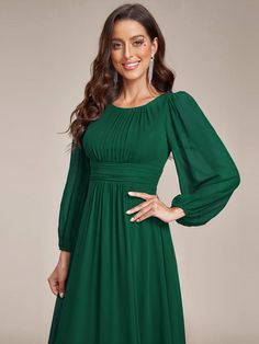 Chiffon High Empire Waist Puff Sleeve Bridesmaid Dress #color_Dark Green Green Long Sleeve Chiffon Evening Dress, Evening Chiffon Long Sleeve Dress, Flowy Long Sleeve Chiffon Dress For Banquet, Solid Color Long Sleeve Chiffon Evening Dress, Long Sleeve Chiffon Dress For Banquet, Long Sleeve Blouson Wedding Dress, Long Sleeve Ruched Chiffon Dress, Ruched Long Sleeve Chiffon Dress, Puff Sleeve Bridesmaid Dress