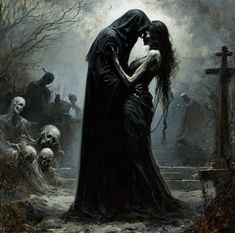 a painting of a couple embracing each other in front of skulls and bones on the ground