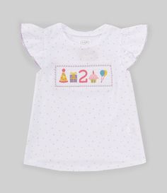 From Mud Pie&#x2C; this t-shirt features:Dotted printRound necklineLettuce edging on the flutter sleevesThe numeral "2" and birthday-themed embroidered smocking on the chestPullover stylingCotton jerseyMachine wash/tumble dryImported. White Cotton T-shirt With Flutter Sleeves, Playful Short Sleeve Top For First Birthday, Playful Crew Neck Top For First Birthday, Playful Ruffled T-shirt For Summer, Playful Ruffle Flutter Sleeve Tops, Playful Tops With Ruffles And Flutter Sleeves, Playful Flutter Sleeve Tops With Ruffles, Cute Crew Neck T-shirt With Ruffles, Playful Ruffled Flutter Sleeve Tops