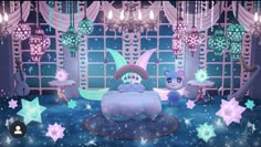 a room filled with lots of stars and lights on the ceiling next to a bed