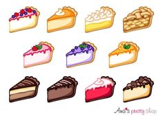 a bunch of different types of pies on a white background with the words auto pretty shop