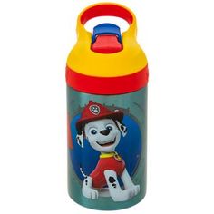 a children's water bottle with a cartoon dog on the front and red, yellow, and blue lid