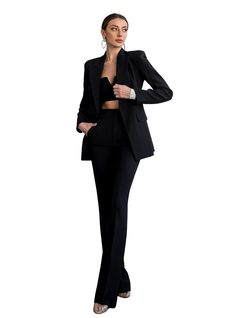 -blazer length along the back 27 1/2 inches or 70 cm -sleeve length 24,4 inches or 62 cm -pants length along the side seam 45,2 inches or 115 cm -inseam length (from the crotch to the bottom) 35,4 inches or 90 cm 2-piece womens blazer trouser suit for office, business meetings, formal events and special occasions. Also perfectly combines with sneakers so after a long and tiring business day you can change you heels to sneakers and still look chic. DETAILS -  straight pants -  high rise -  blazer Black Suit Trousers For Office, Black Pantsuit With Suit Collar For Career, Black Career Pantsuit With Suit Collar, Black Straight Pantsuit For Business, Tailored Black Pantsuit, Tailored Black Pantsuit With Lapel Collar, Black Notch Lapel Suit For Career, Black Tailored Pantsuit With Lapel Collar, Classic Black Career Pantsuit