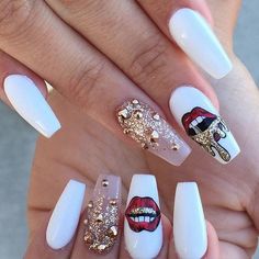 long white red lips gold nail art design Nails Videos, You Look, Stone Nail Art, Gold Nail Art, Princess Fashion, Ballerina Nails, Hot Nails, Coffin Nails Designs