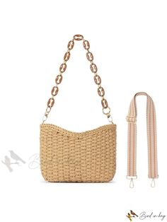 Bird in Bag - Womens Summer Woven Shoulder Bag with Chain and Guitar Clasp. Natural Shoulder Bag With Chain Strap For Everyday Use, Brown Shoulder Bag With Chain Strap For Vacation, Beach Shoulder Bag With Chain Strap, Brown Vacation Bag With Chain Strap, Brown Bags With Chain Strap For Vacation, Brown Bag With Chain Strap For Summer, Brown Shoulder Bag With Chain Strap For Summer, Vacation Crossbody Bag With Chain Strap, Everyday Bucket Bags With Chain Strap