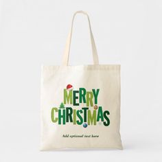 Merry Christmas Elements Green Tote Bag Customizable Green Bags For Personalized Gifts, Green Bag With Letter Print For Gift, Green Letter Print Bags As Gifts, Textile Decor, Santa Sacks, Canvas Bag Design, Bags Ideas, Green Tote Bag, Christmas Elements