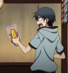 an anime character holding a hot dog in one hand and a newspaper in the other