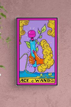 Colourful wall print. A parody of Ace of wands tarot card. A bright orange hand is holding a wand vibrator. This hand is coming out of a yellow cloud with the writing "ace of wands" at the bottom. The bright colours within the print are orange, yellow, blue, pinks and green. Queer Tarot Cards, Queer Latinx Art, Queer Art Prints, Tarot Card Original, Ace Of Wands Tarot Card, Queer Tarot, Tarot Painting, Tarot Cards Design, Feminist Decor