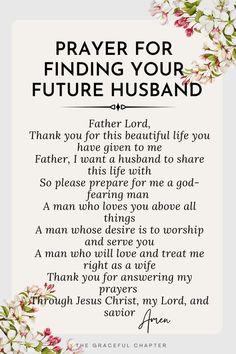 a prayer card with flowers on it and the words, prayer for finding your future husband