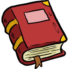 an open red book with a yellow stripe on the front and bottom corner, sitting on top of a white background