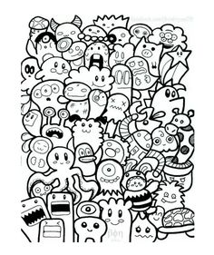 a large group of cartoon characters are grouped together in this black and white coloring page