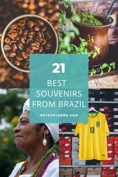 the best souvenirs from brazil are on display in front of a wall with coffee beans