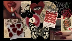 the collage has many different pictures and words on it, such as roses, hearts, candles, cards, butterflies, etc