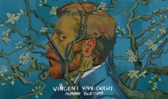 a painting of a man in front of a tree with white flowers on it and the words, vincent van gogh almond blossom